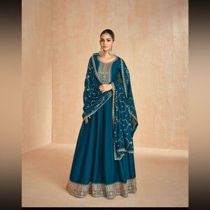 Teal Embroidered Anarkali Dress with Dupatta